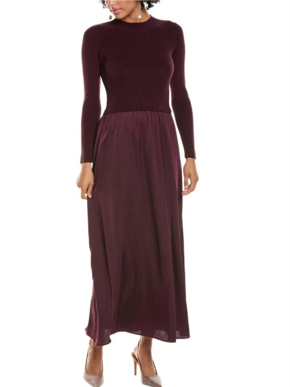 TAYLOR Burgundy Satin Skirt Sweater Dress